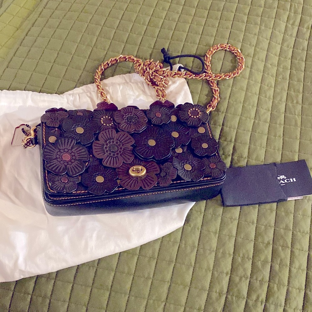 Coach tea rose tan/brown/black floral glovetanned leather dinky crossbody.